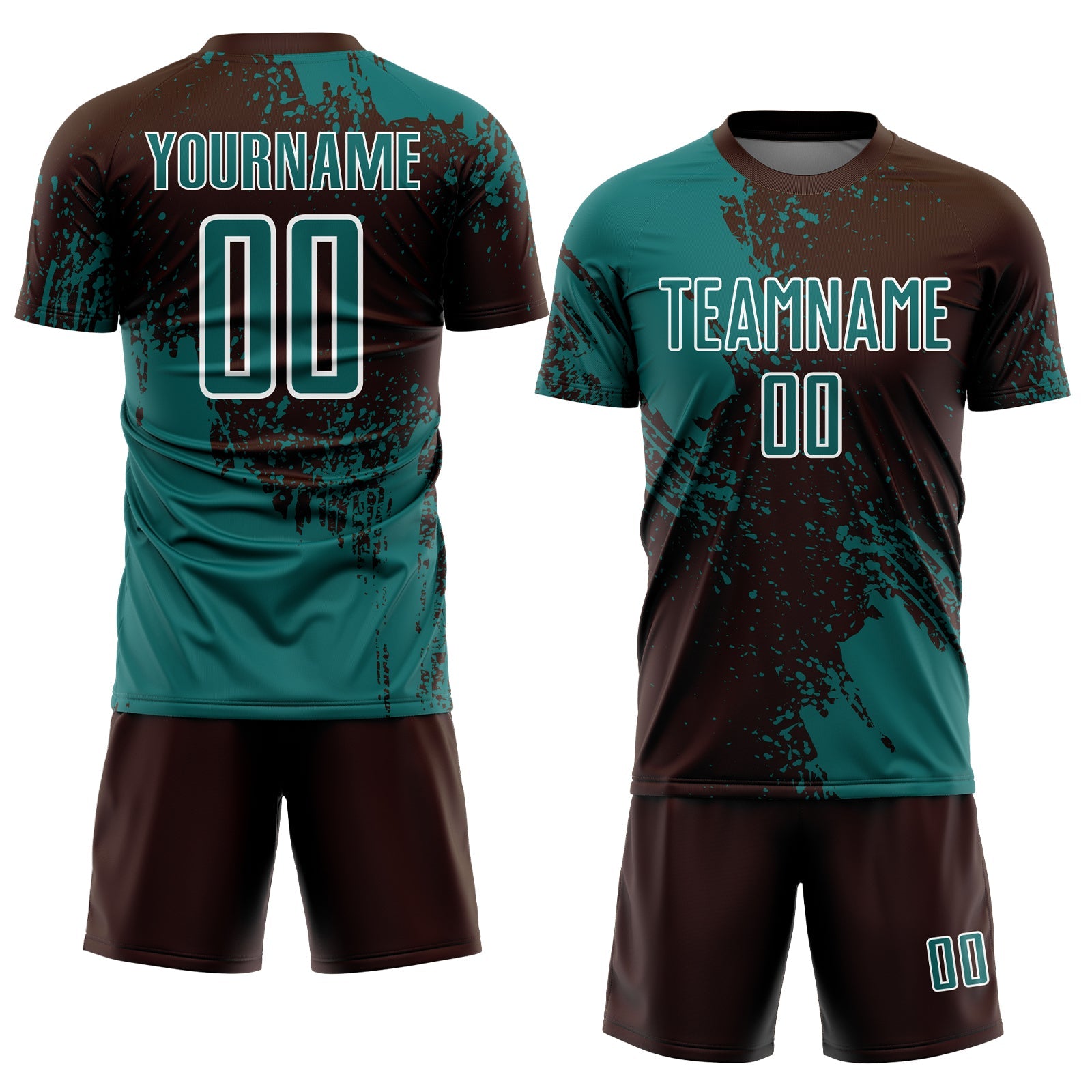 Custom Brown Teal-White Abstract Brush Stroke Sports Sublimation Soccer Uniform Jersey view 2