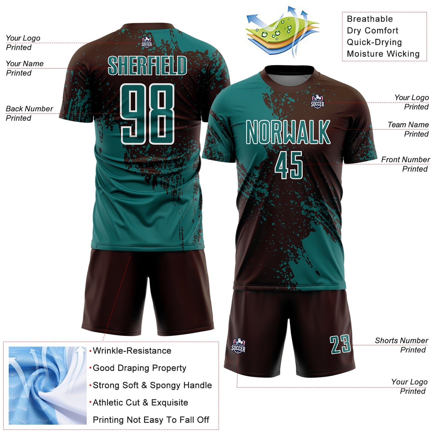 Custom Brown Teal-White Abstract Brush Stroke Sports Sublimation Soccer Uniform Jersey view 4