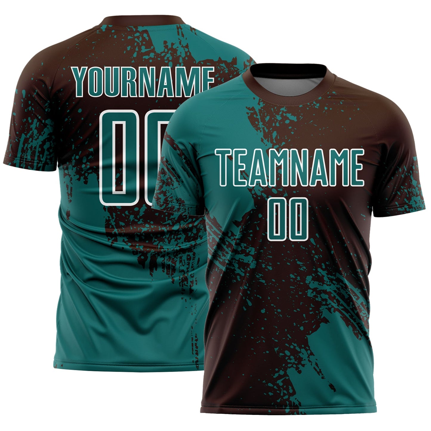 Custom Brown Teal-White Abstract Brush Stroke Sports Sublimation Soccer Uniform Jersey - Main View