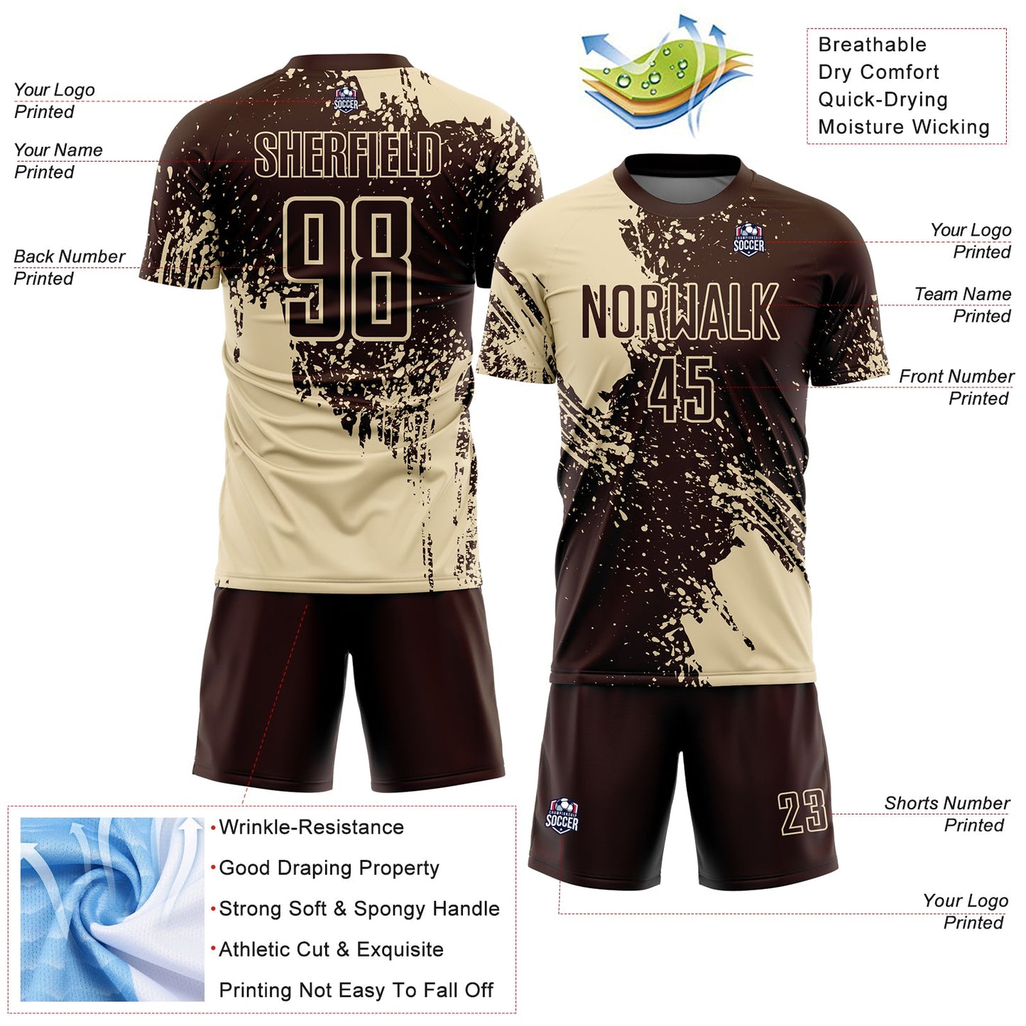 Custom Brown Cream Abstract Brush Stroke Sports Sublimation Soccer Uniform Jersey view 4