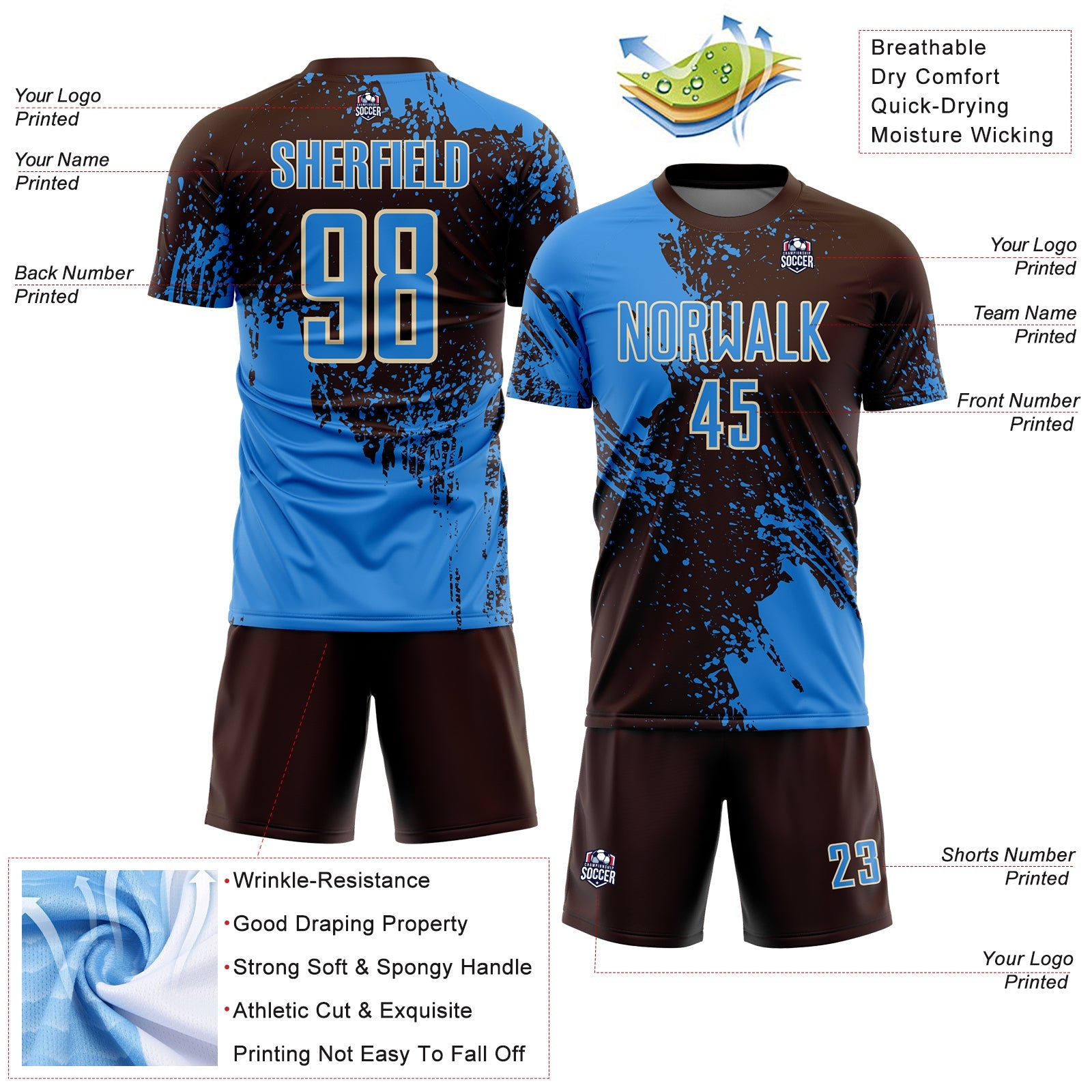 Custom Brown Powder Blue-Cream Abstract Brush Stroke Sports Sublimation Soccer Uniform Jersey view 4