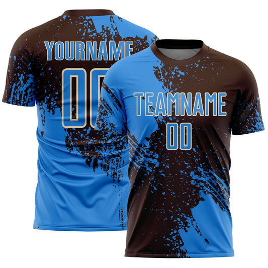 Custom Brown Powder Blue-Cream Abstract Brush Stroke Sports Sublimation Soccer Uniform Jersey - Main View