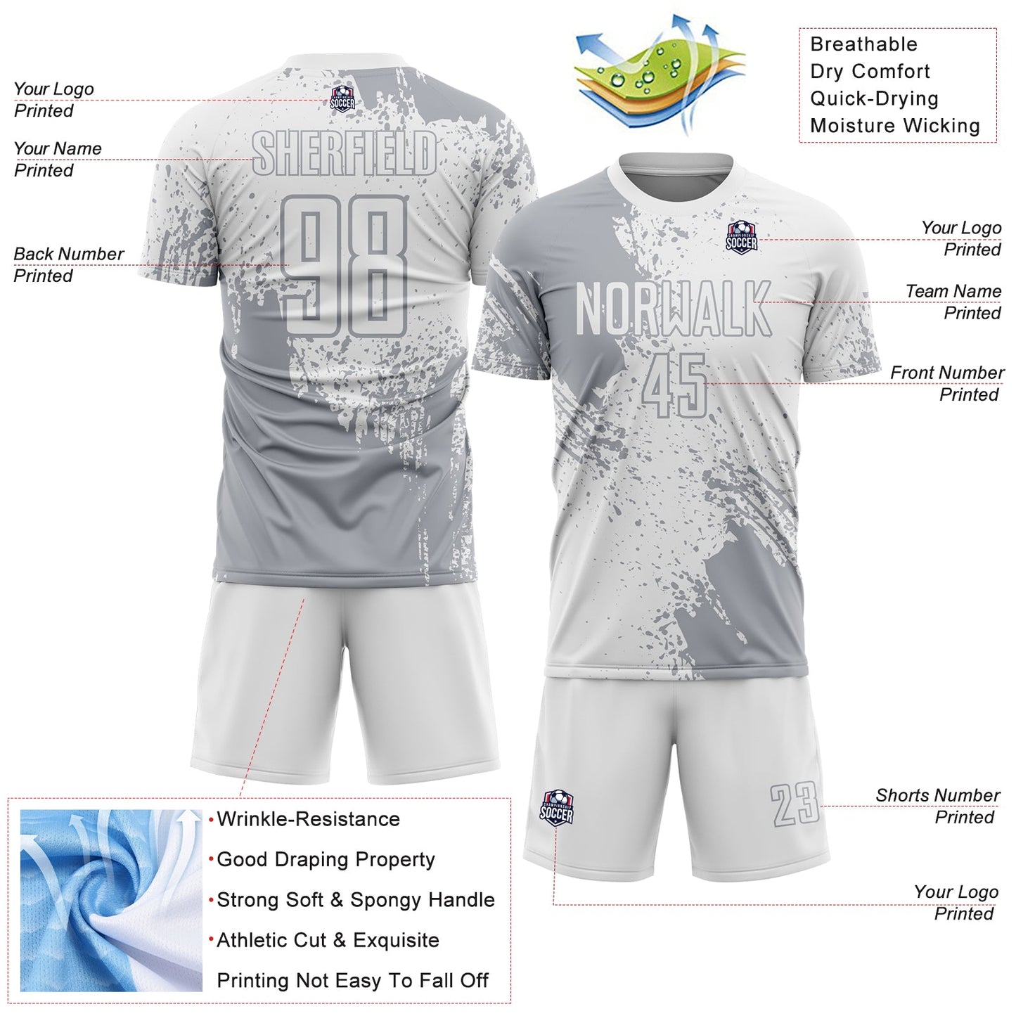 Custom White Gray Abstract Brush Stroke Sports Sublimation Soccer Uniform Jersey view 4