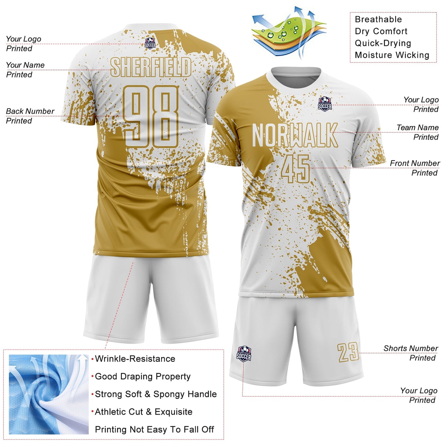 Custom White Old Gold Abstract Brush Stroke Sports Sublimation Soccer Uniform Jersey view 4