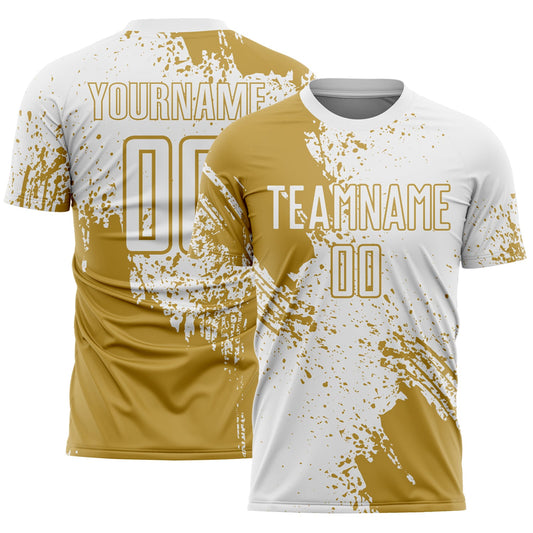 Custom White Old Gold Abstract Brush Stroke Sports Sublimation Soccer Uniform Jersey - Main View
