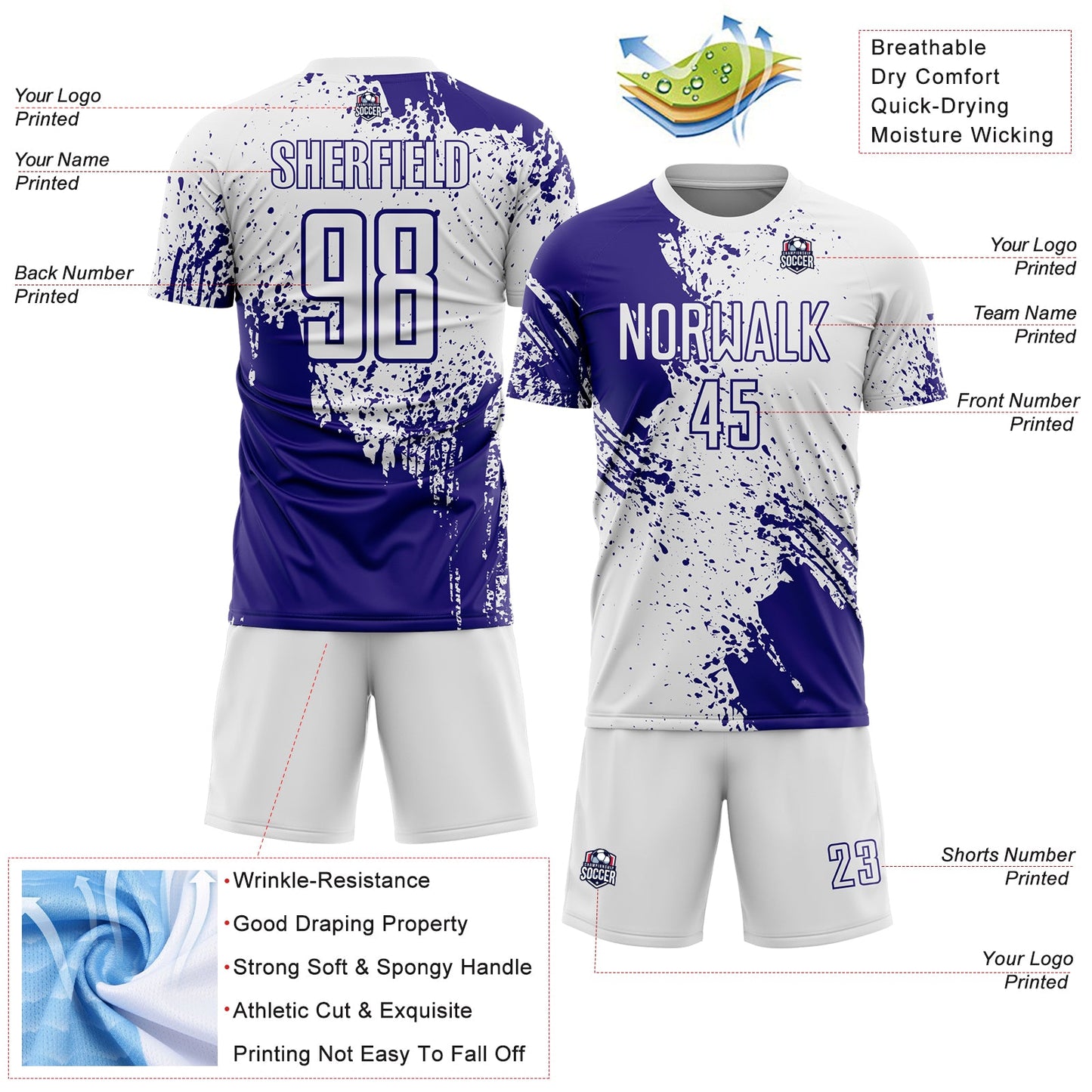 Custom White Dark Purple Abstract Brush Stroke Sports Sublimation Soccer Uniform Jersey view 4