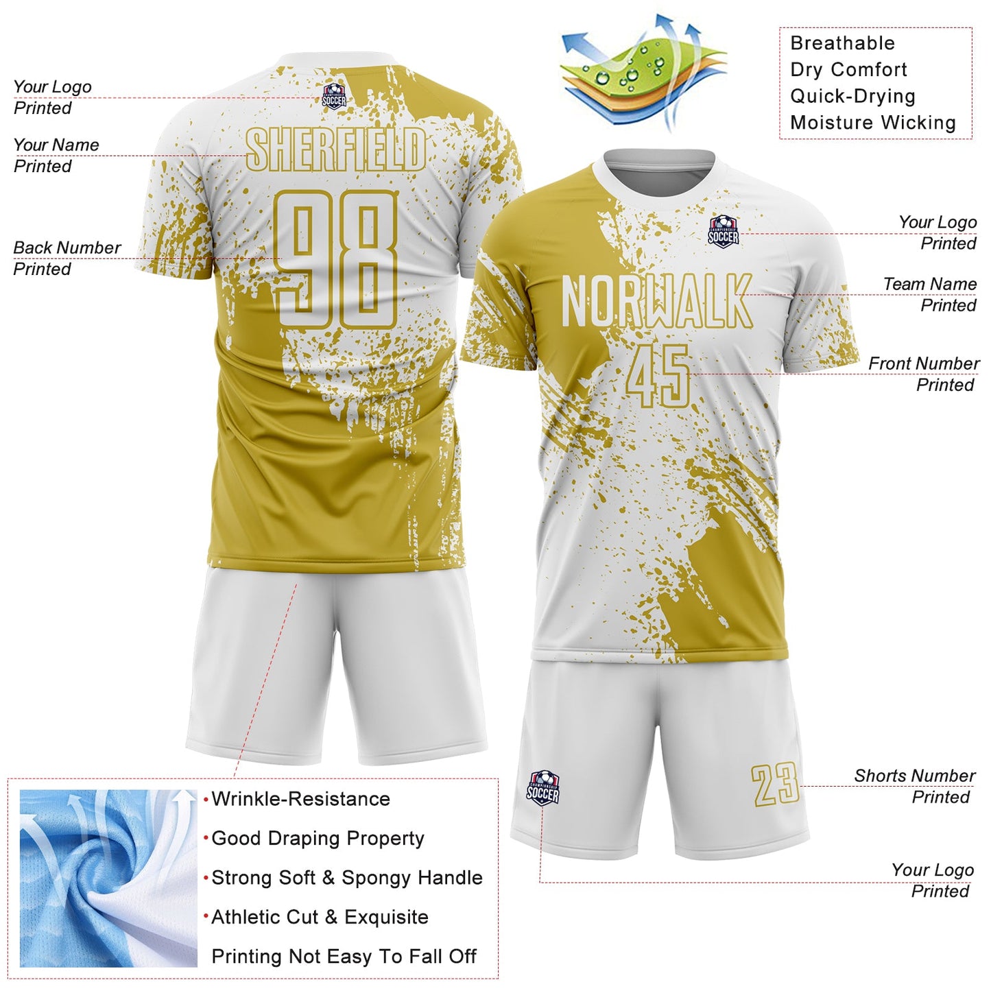 Custom White Old Gold Abstract Brush Stroke Sports Sublimation Soccer Uniform Jersey view 4