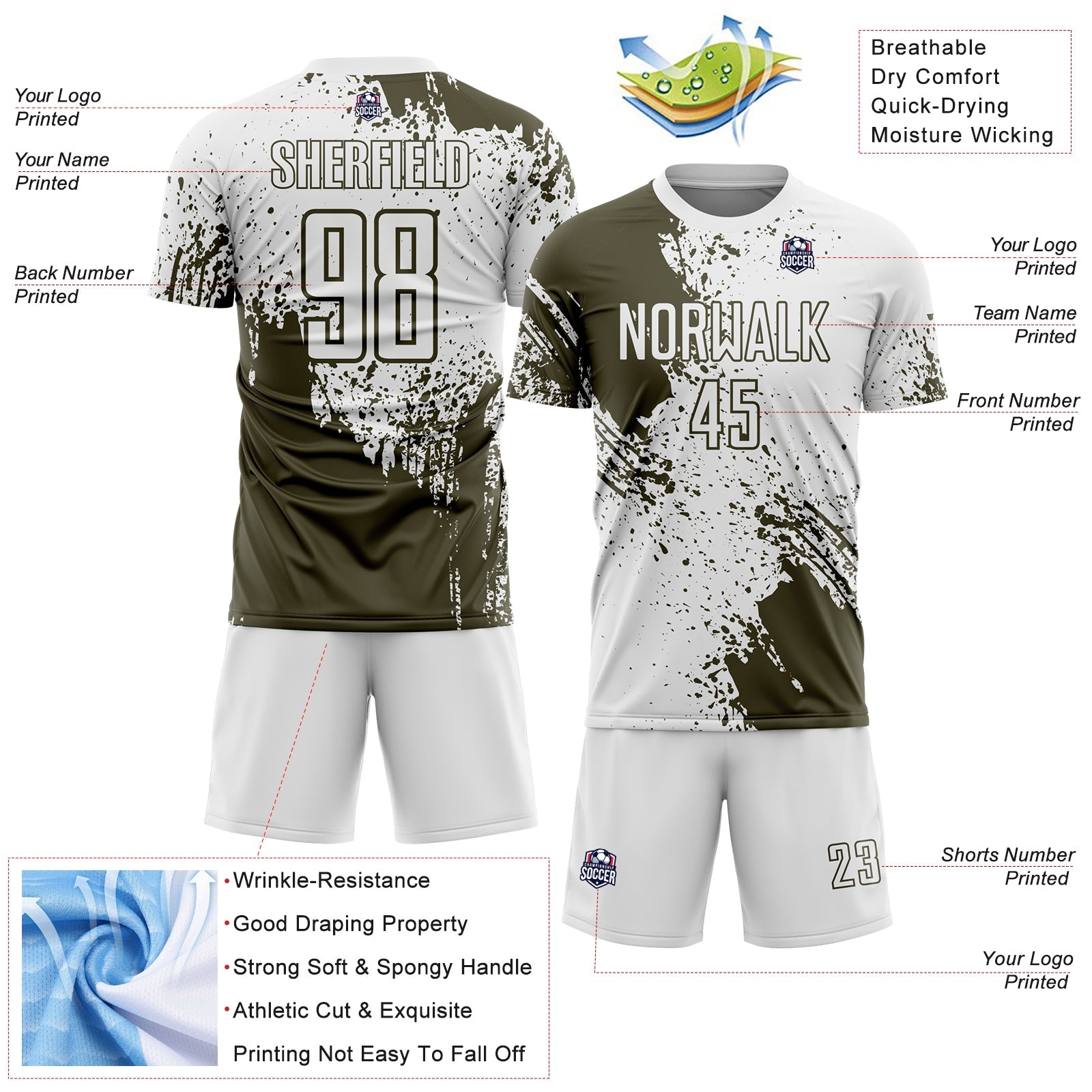 Custom White Olive Abstract Brush Stroke Sports Sublimation Soccer Uniform Jersey view 4