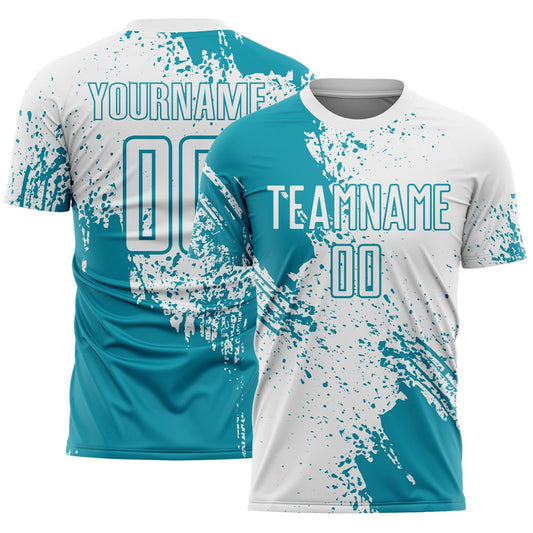 Custom White Teal Abstract Brush Stroke Sports Sublimation Soccer Uniform Jersey - Main View