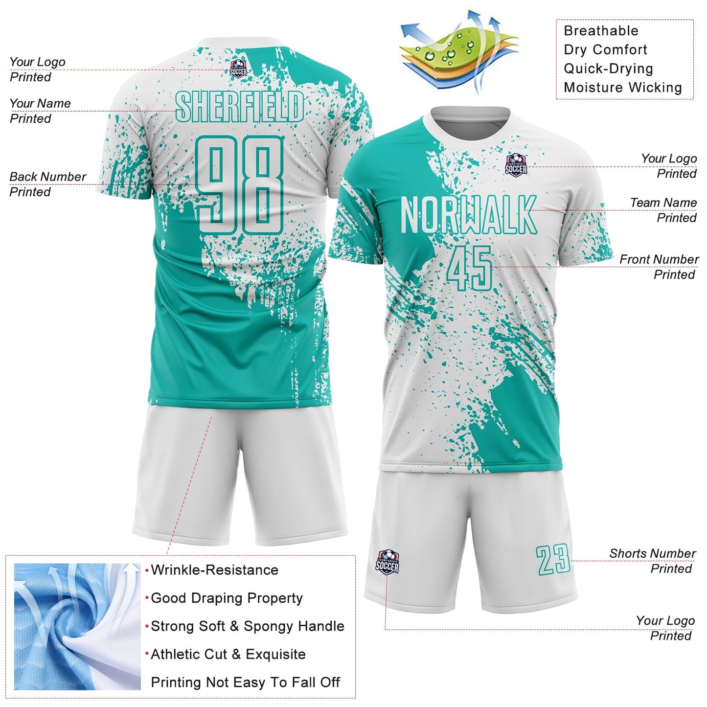 Custom White Aqua Abstract Brush Stroke Sports Sublimation Soccer Uniform Jersey view 4