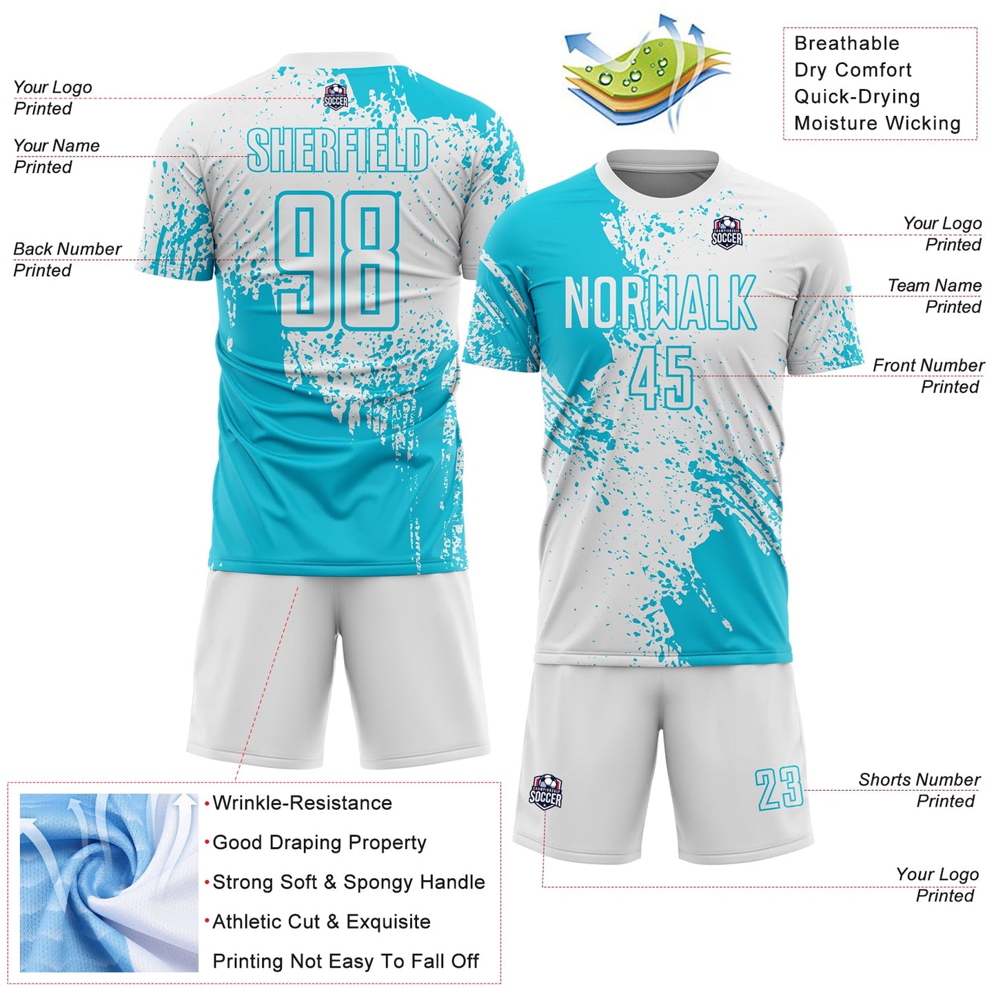Custom White Lakes Blue Abstract Brush Stroke Sports Sublimation Soccer Uniform Jersey view 4