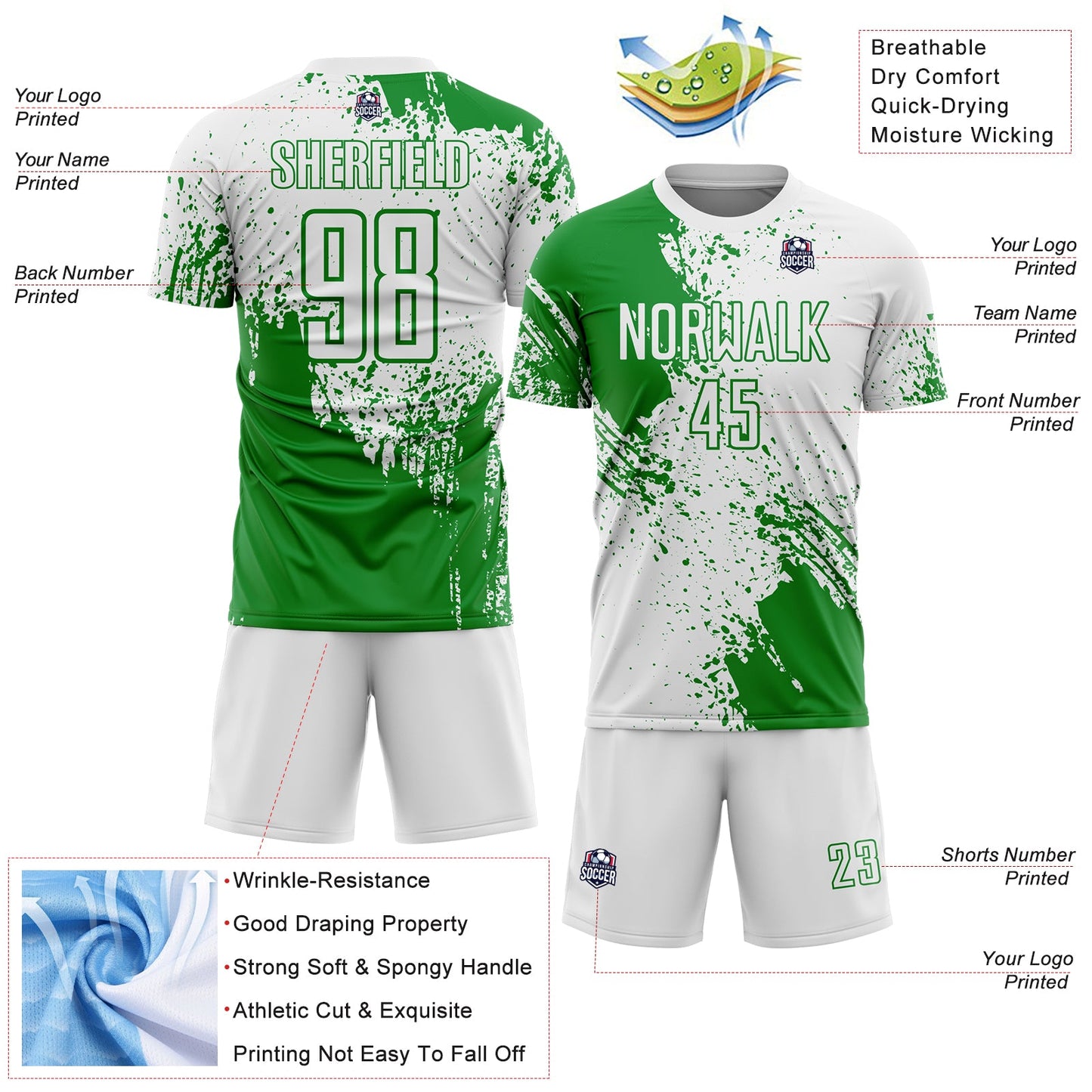 Custom White Grass Green Abstract Brush Stroke Sports Sublimation Soccer Uniform Jersey view 4