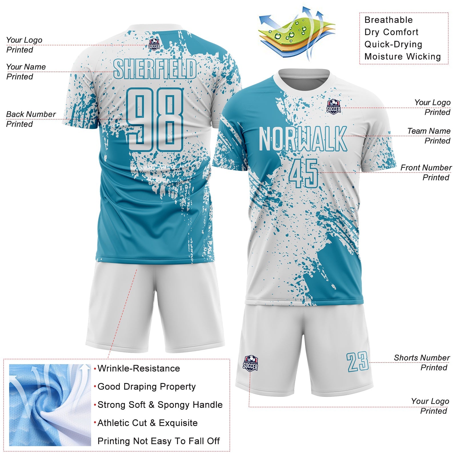 Custom White Panther Blue Abstract Brush Stroke Sports Sublimation Soccer Uniform Jersey view 4