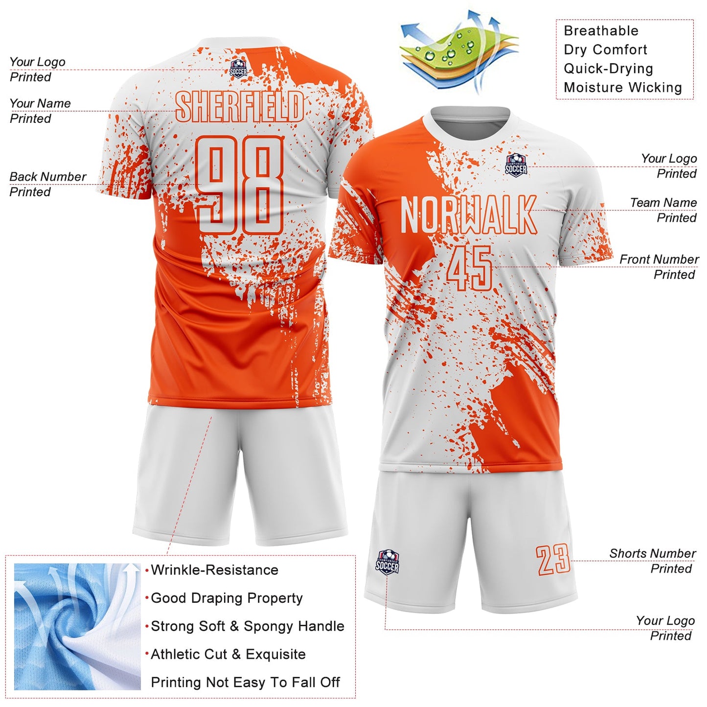 Custom White Orange Abstract Brush Stroke Sports Sublimation Soccer Uniform Jersey view 4