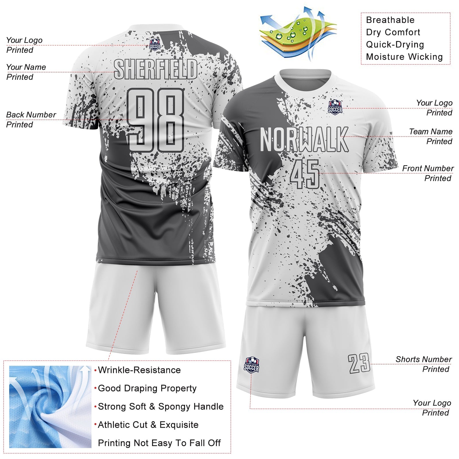 Custom White Steel Gray Abstract Brush Stroke Sports Sublimation Soccer Uniform Jersey view 4