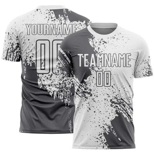 Custom White Steel Gray Abstract Brush Stroke Sports Sublimation Soccer Uniform Jersey - Main View