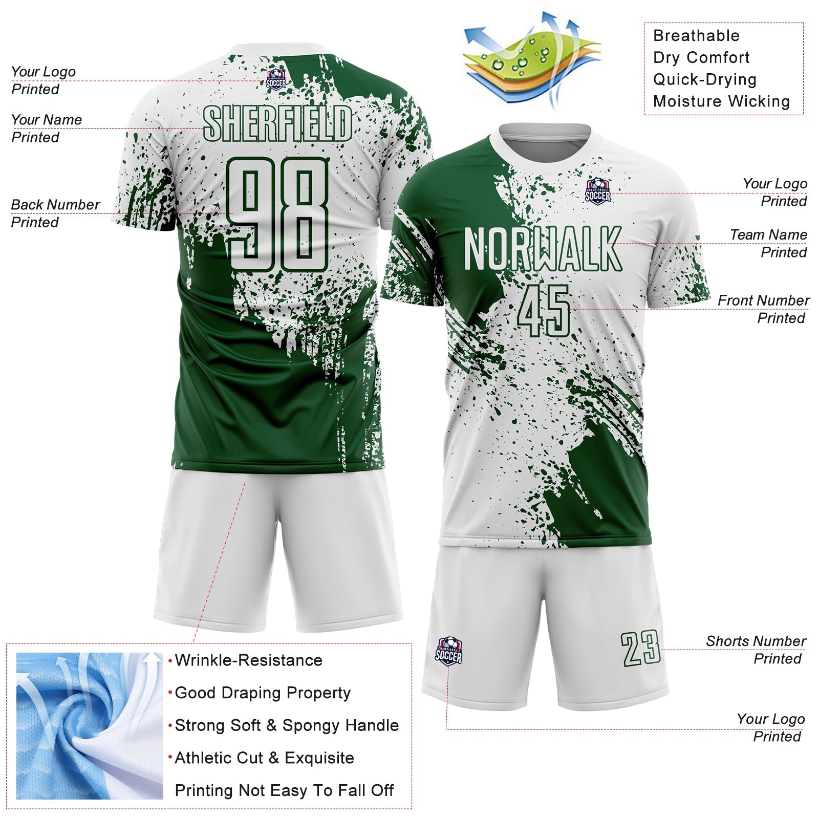 Custom White Green Abstract Brush Stroke Sports Sublimation Soccer Uniform Jersey view 4