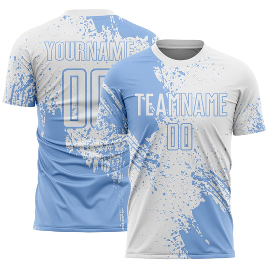 Custom White Light Blue Abstract Brush Stroke Sports Sublimation Soccer Uniform Jersey - Main View