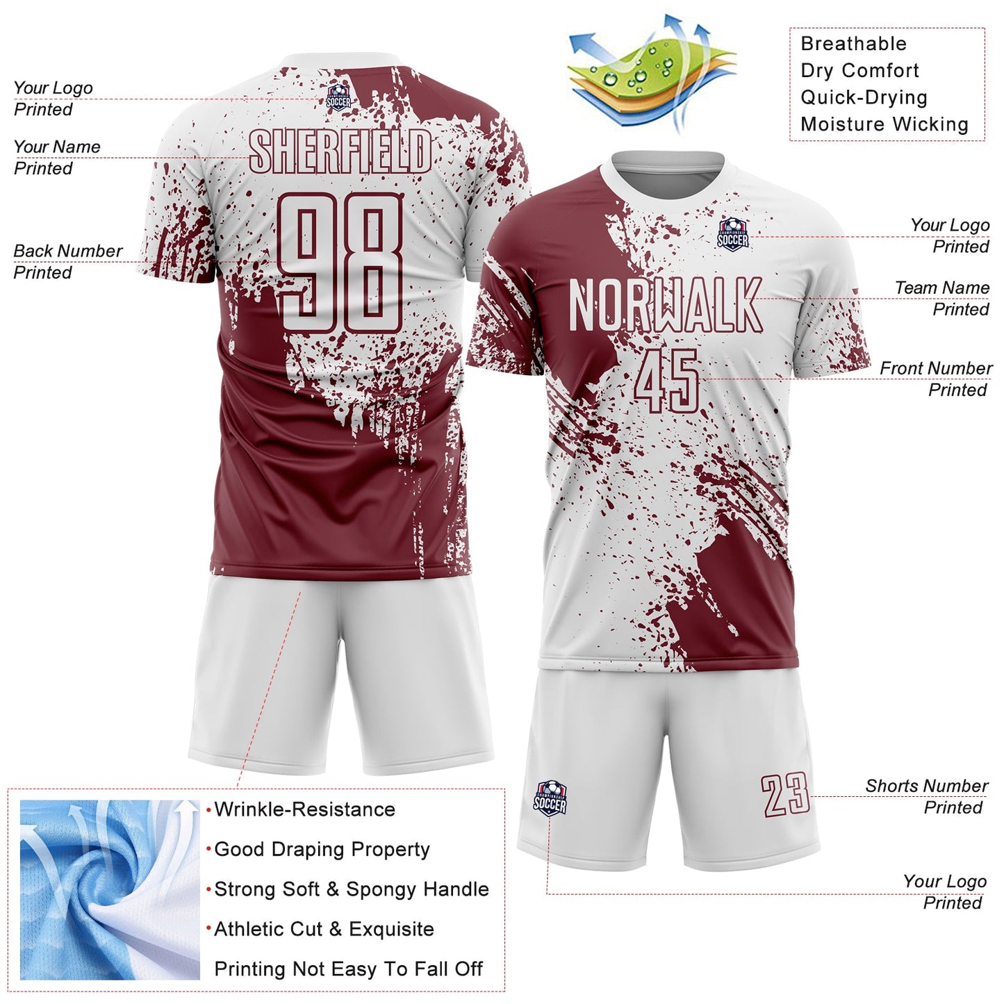 Custom White Burgundy Abstract Brush Stroke Sports Sublimation Soccer Uniform Jersey view 4