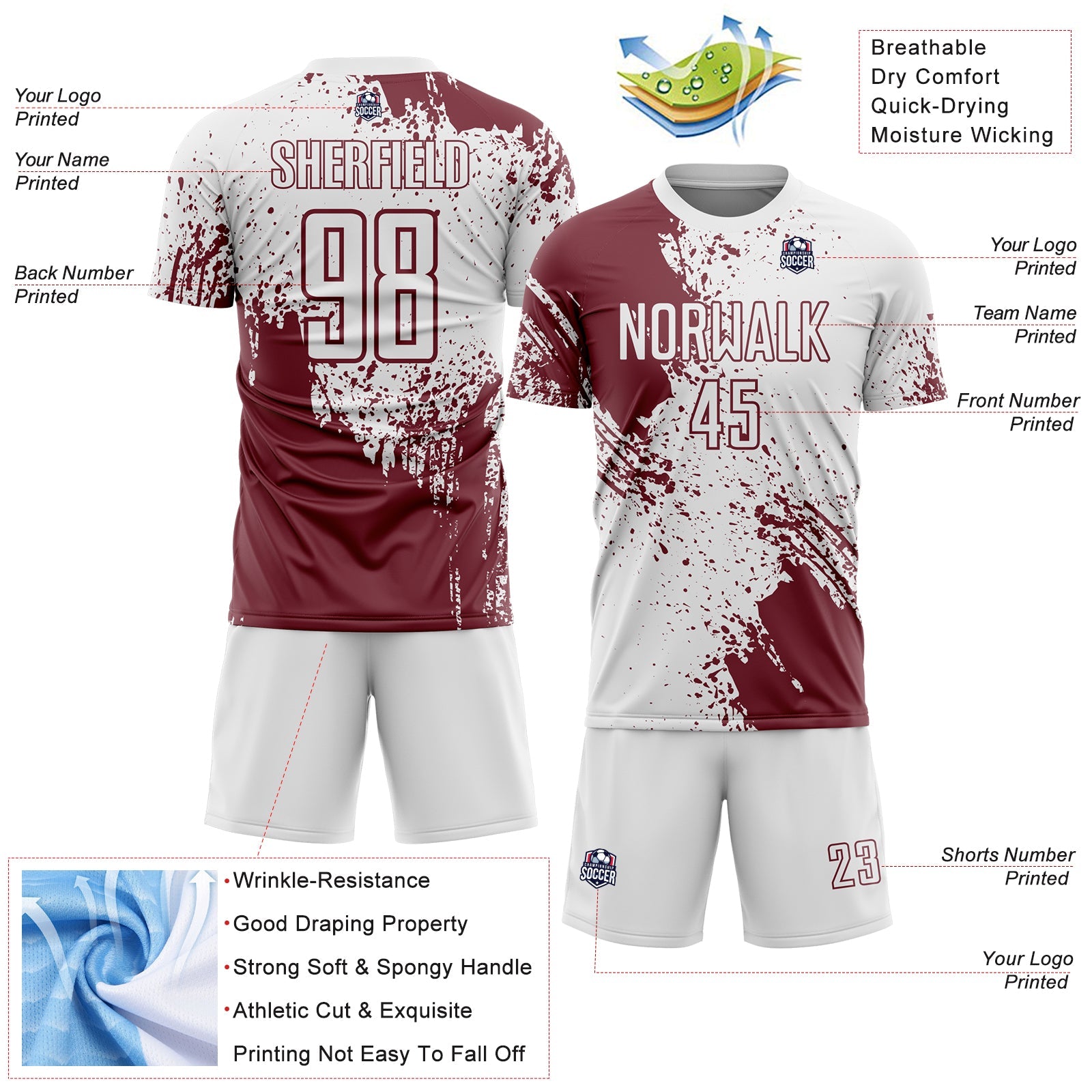 Custom White Burgundy Abstract Brush Stroke Sports Sublimation Soccer Uniform Jersey view 4