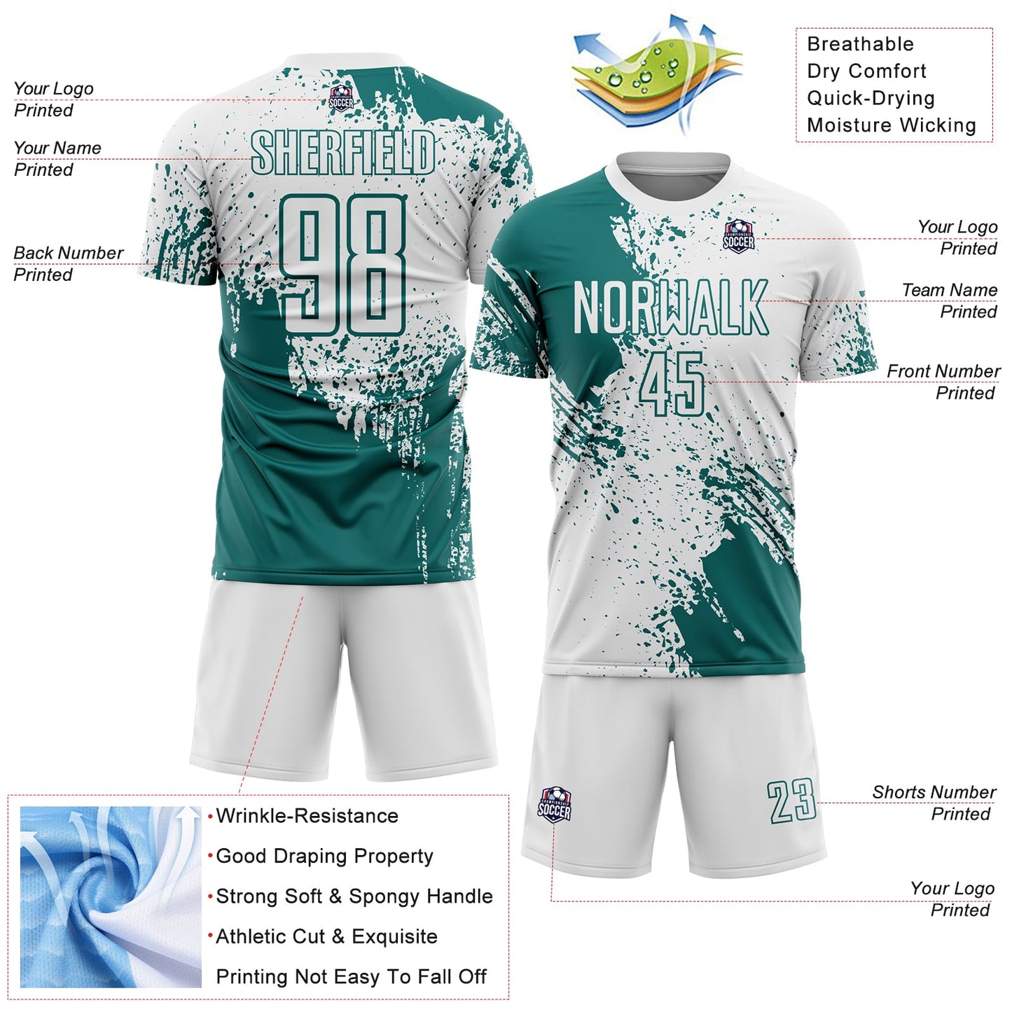Custom White Teal Abstract Brush Stroke Sports Sublimation Soccer Uniform Jersey view 4