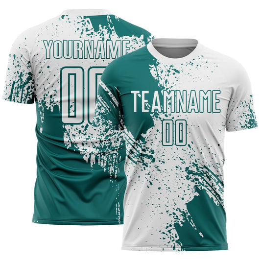 Custom White Teal Abstract Brush Stroke Sports Sublimation Soccer Uniform Jersey - Main View