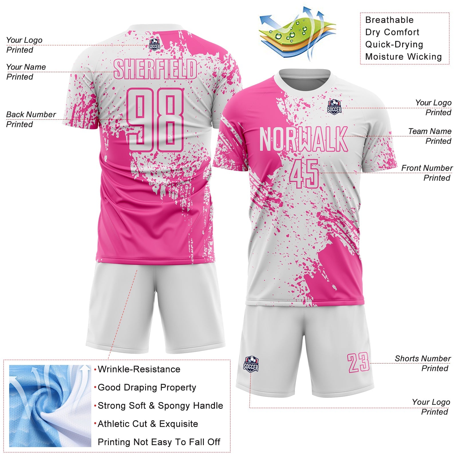 Custom White Pink Abstract Brush Stroke Sports Sublimation Soccer Uniform Jersey view 4