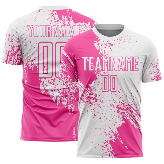 Custom White Pink Abstract Brush Stroke Sports Sublimation Soccer Uniform Jersey - Main View