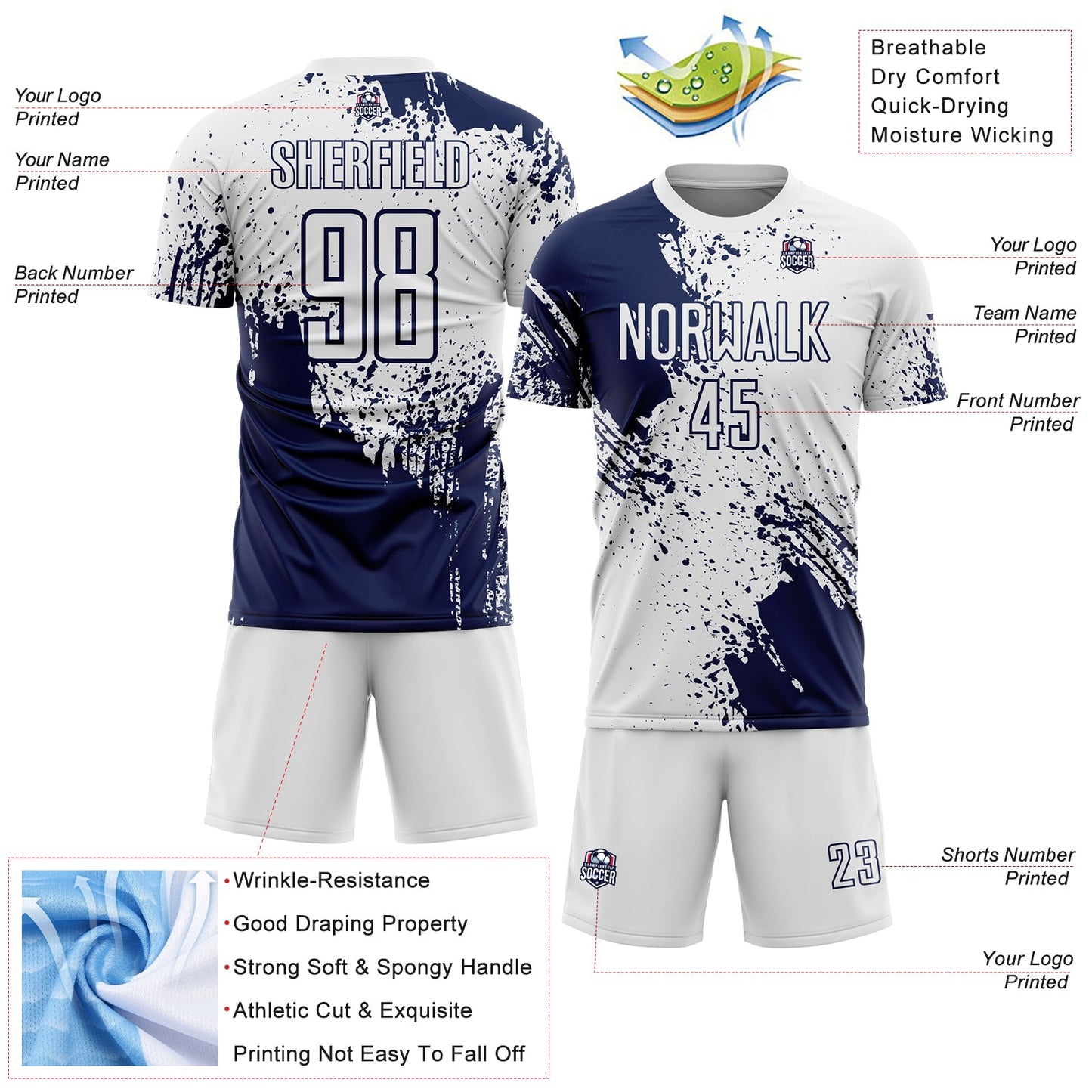 Custom White Navy Abstract Brush Stroke Sports Sublimation Soccer Uniform Jersey view 4