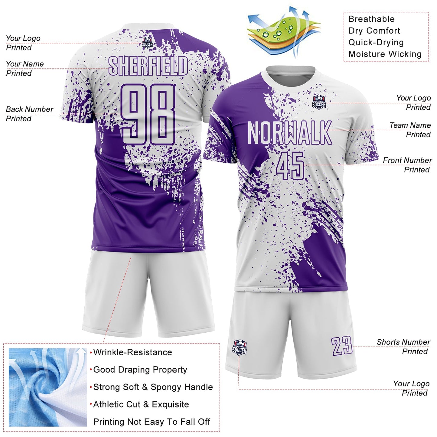 Custom White Purple Abstract Brush Stroke Sports Sublimation Soccer Uniform Jersey view 4
