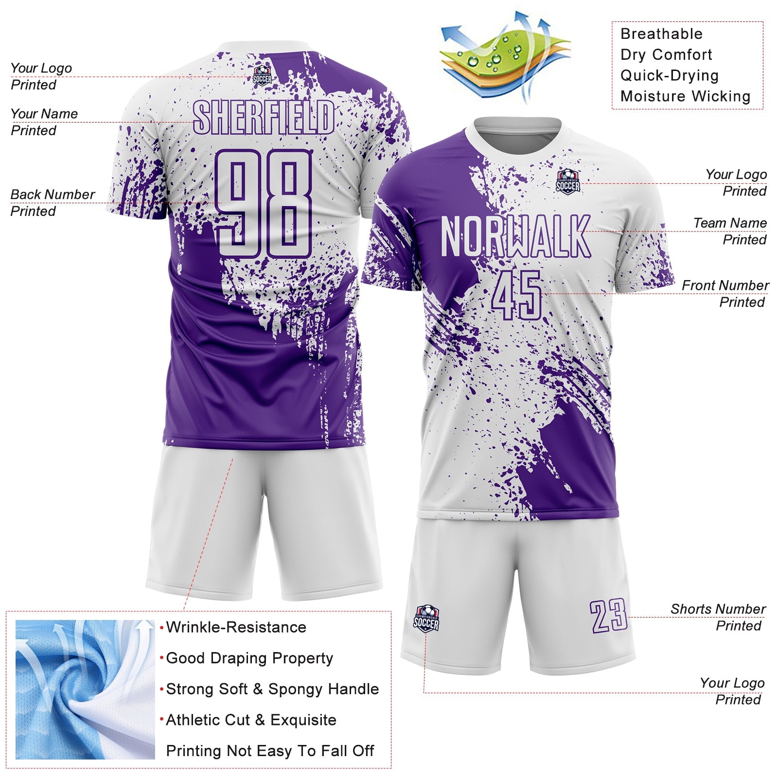 Custom White Purple Abstract Brush Stroke Sports Sublimation Soccer Uniform Jersey view 4