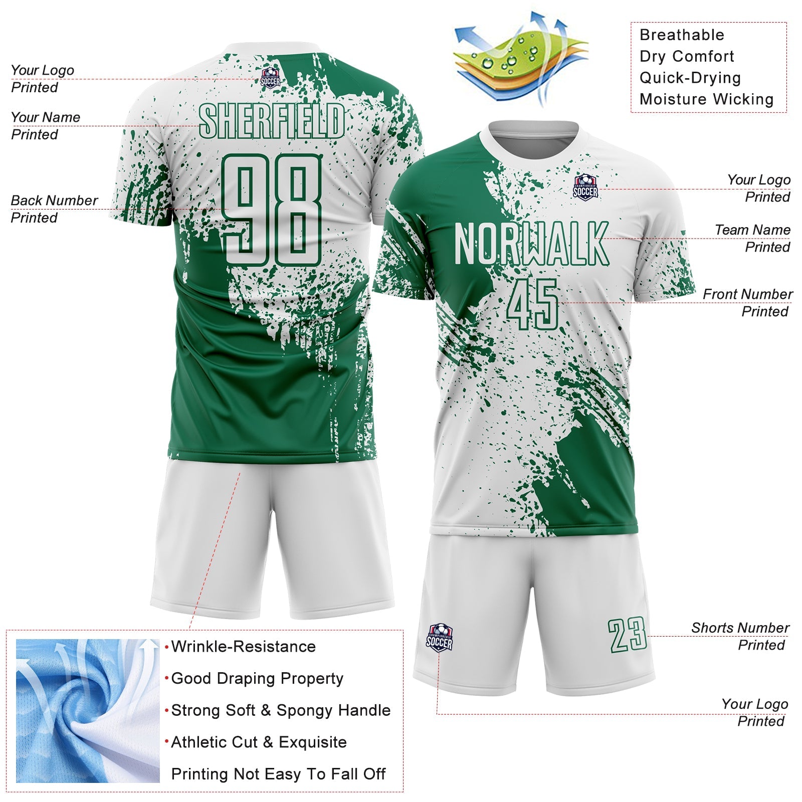 Custom White Kelly Green Abstract Brush Stroke Sports Sublimation Soccer Uniform Jersey view 4