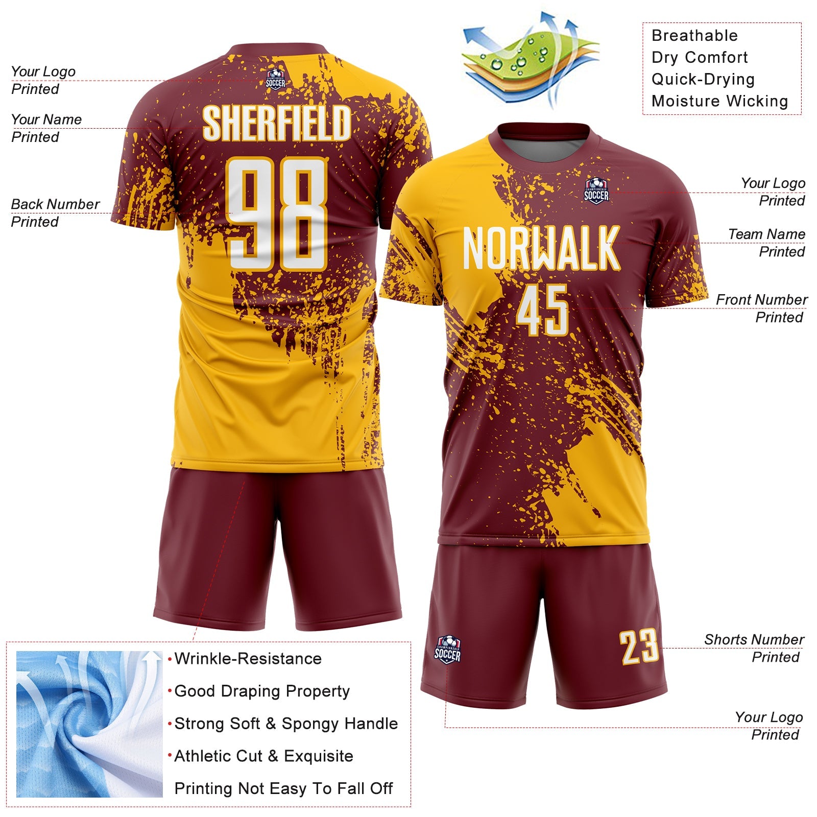 Custom Burgundy White-Gold Abstract Brush Stroke Sports Sublimation Soccer Uniform Jersey view 4