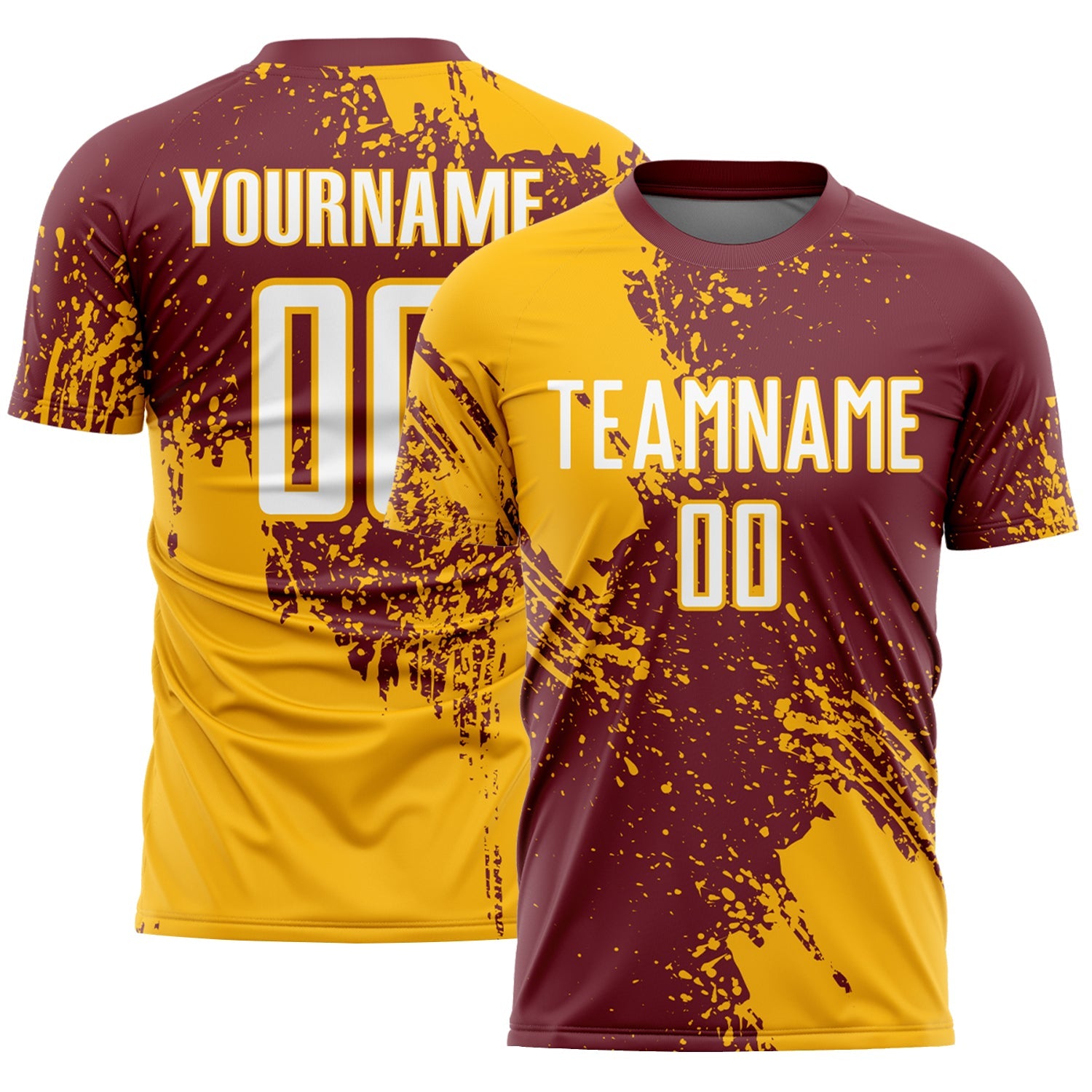 Custom Burgundy White-Gold Abstract Brush Stroke Sports Sublimation Soccer Uniform Jersey - Main View