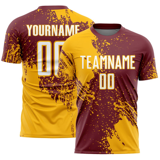 Custom Burgundy White-Gold Abstract Brush Stroke Sports Sublimation Soccer Uniform Jersey - Main View
