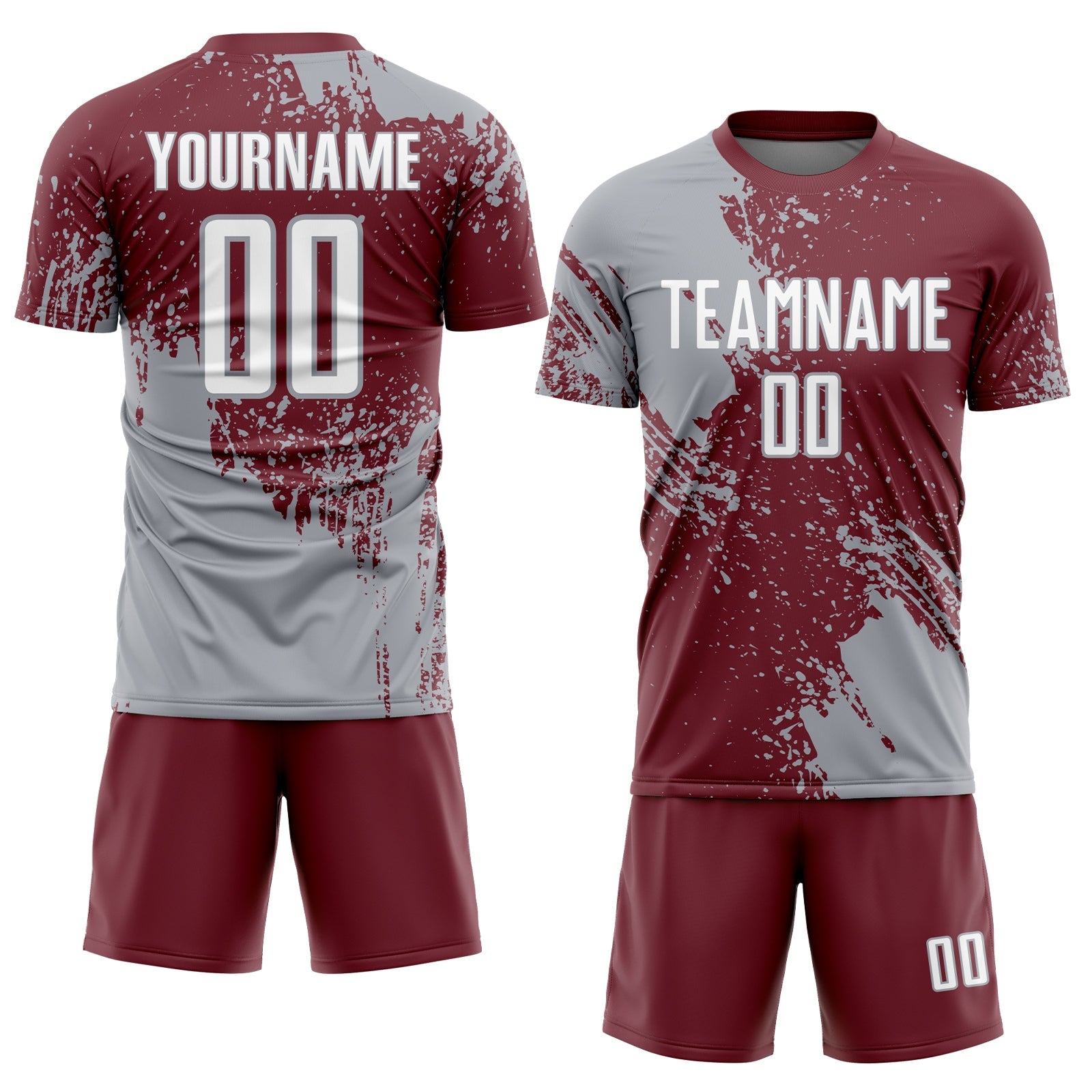Custom Burgundy White-Gray Abstract Brush Stroke Sports Sublimation Soccer Uniform Jersey view 2