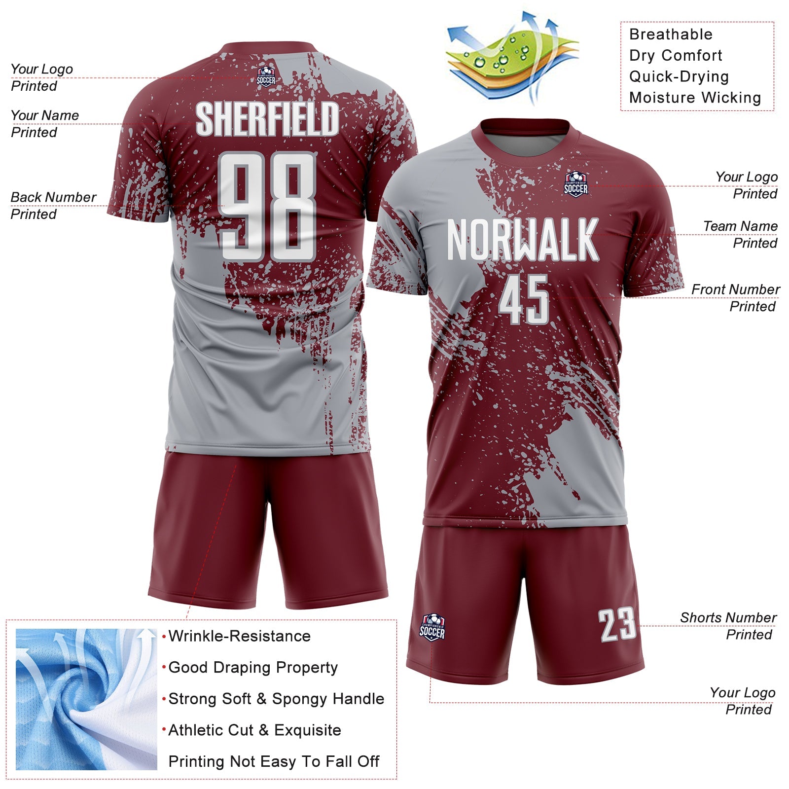 Custom Burgundy White-Gray Abstract Brush Stroke Sports Sublimation Soccer Uniform Jersey view 4