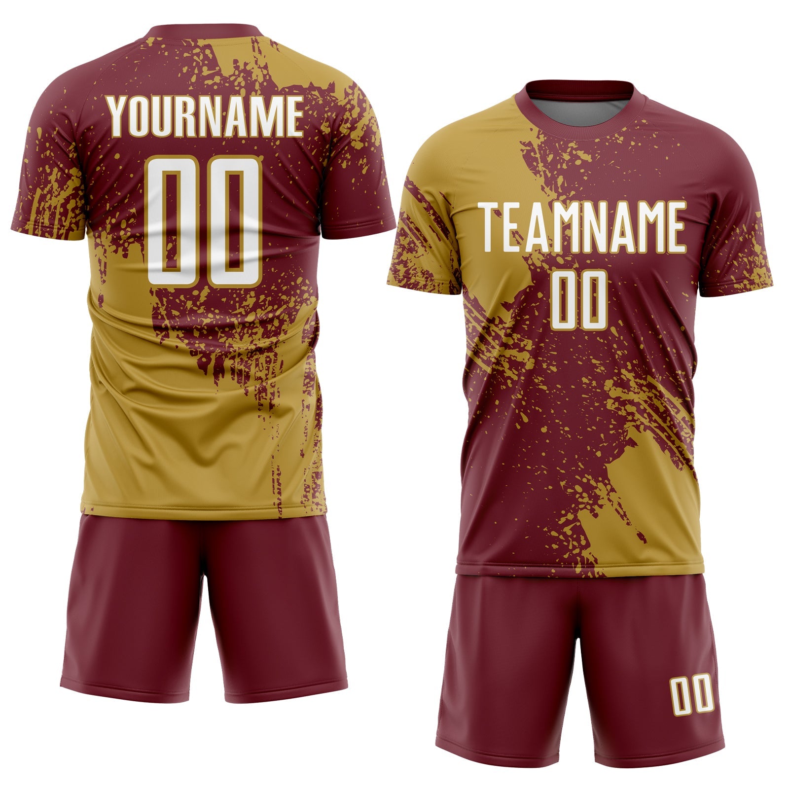 Custom Burgundy White-Old Gold Abstract Brush Stroke Sports Sublimation Soccer Uniform Jersey view 2