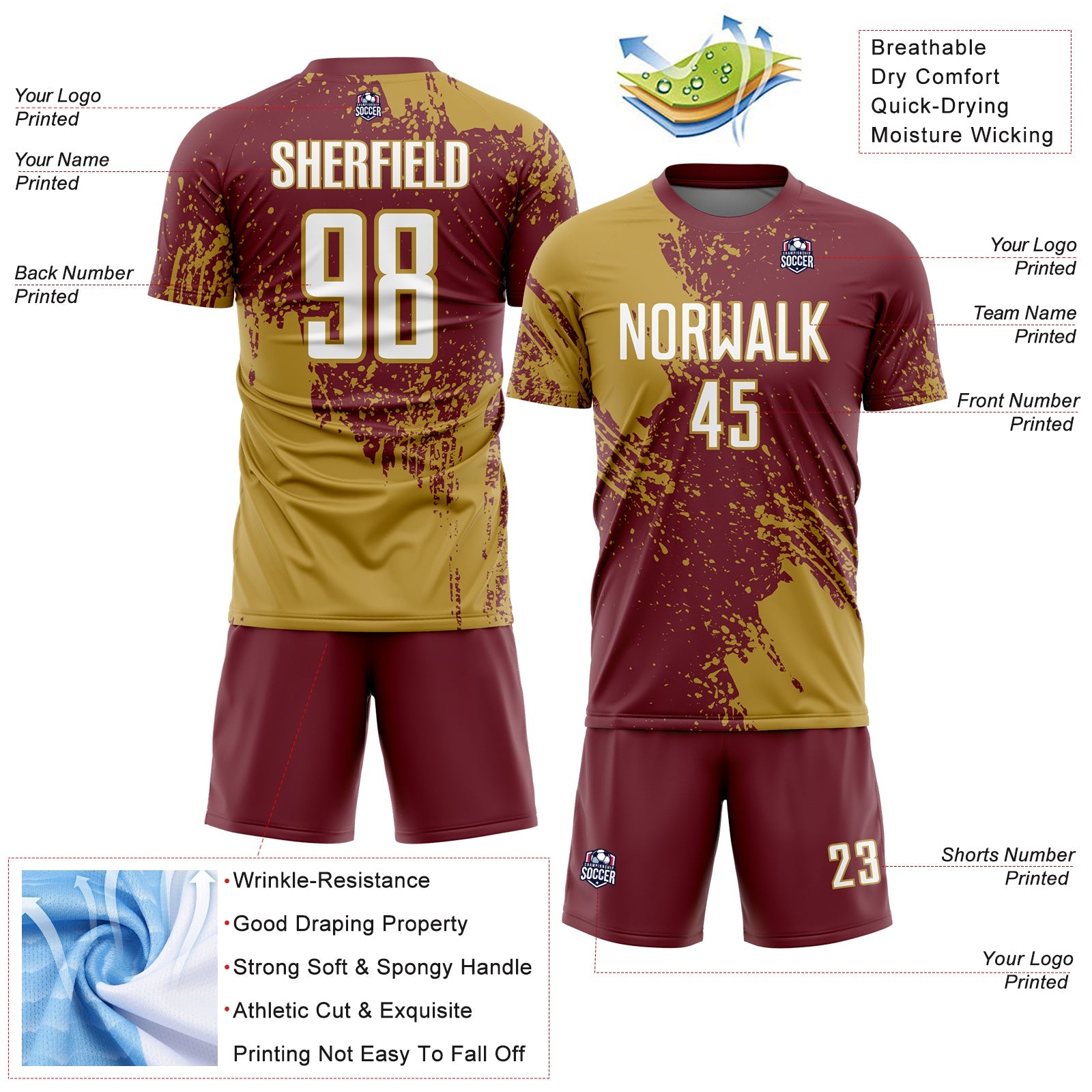 Custom Burgundy White-Old Gold Abstract Brush Stroke Sports Sublimation Soccer Uniform Jersey view 4