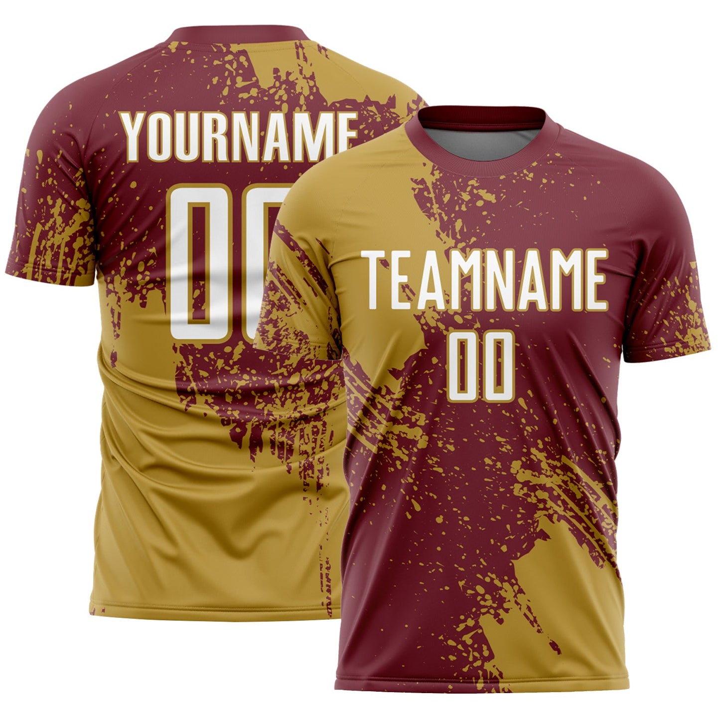 Custom Burgundy White-Old Gold Abstract Brush Stroke Sports Sublimation Soccer Uniform Jersey - Main View