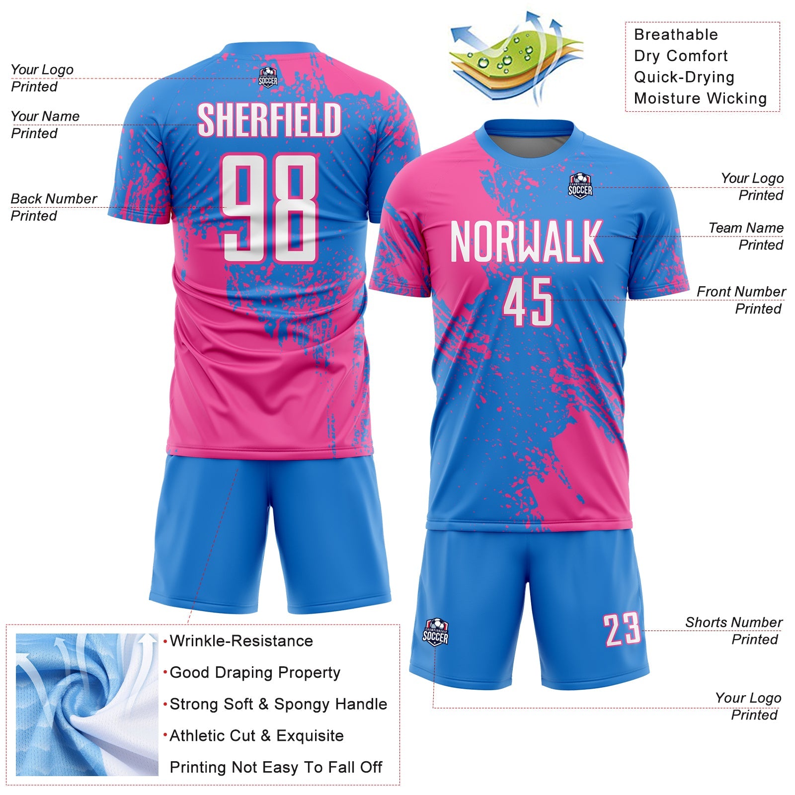 Custom Powder Blue White-Pink Abstract Brush Stroke Sports Sublimation Soccer Uniform Jersey view 4