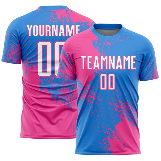 Custom Powder Blue White-Pink Abstract Brush Stroke Sports Sublimation Soccer Uniform Jersey - Main View
