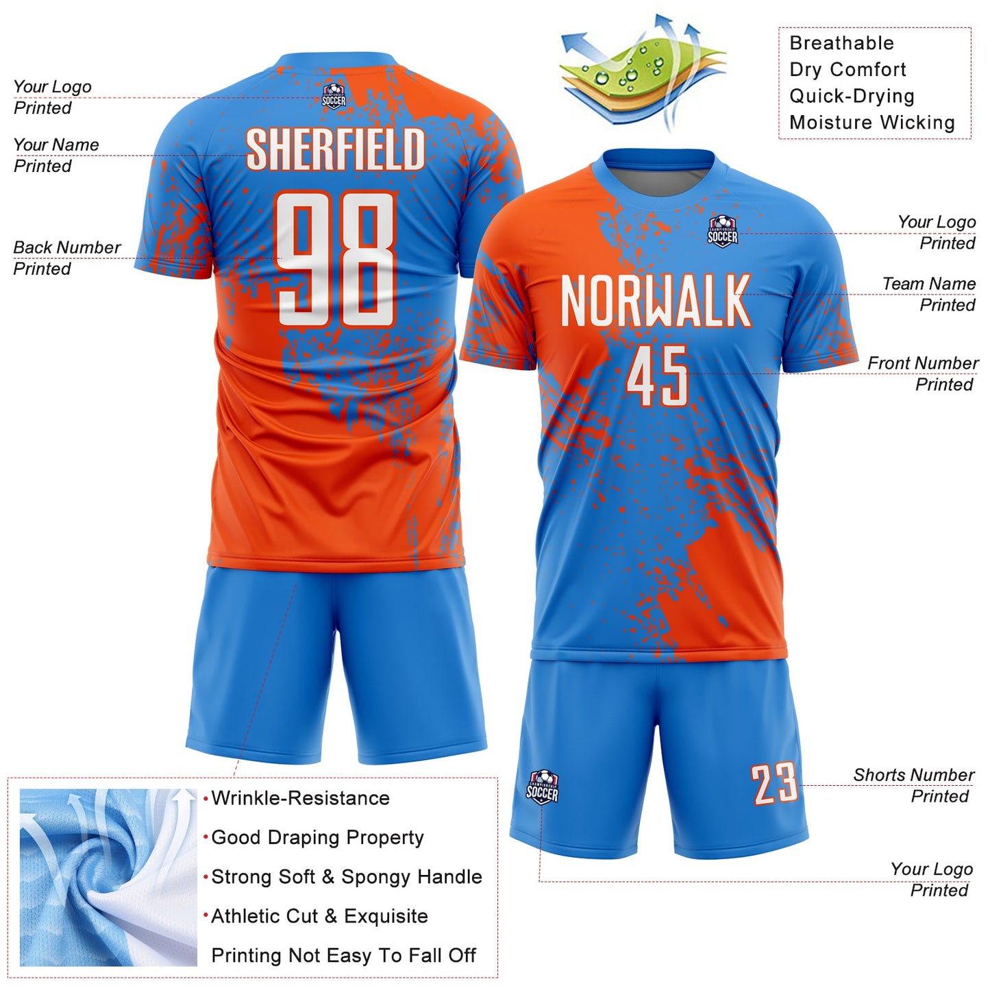 Custom Powder Blue White-Orange Abstract Brush Stroke Sports Sublimation Soccer Uniform Jersey view 4