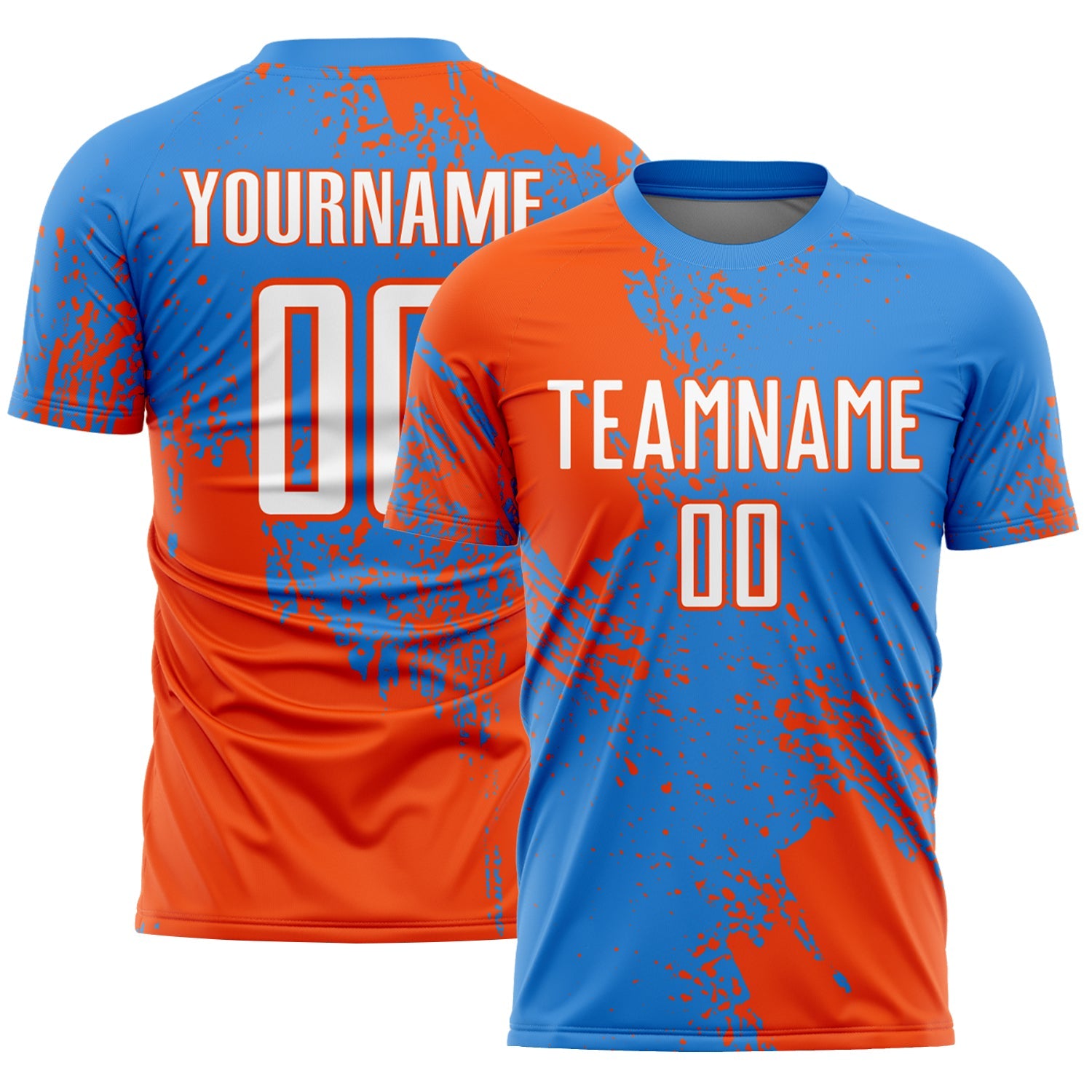 Custom Powder Blue White-Orange Abstract Brush Stroke Sports Sublimation Soccer Uniform Jersey - Main View