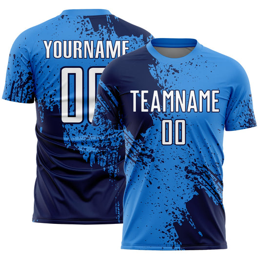 Custom Powder Blue White-Navy Abstract Brush Stroke Sports Sublimation Soccer Uniform Jersey - Main View