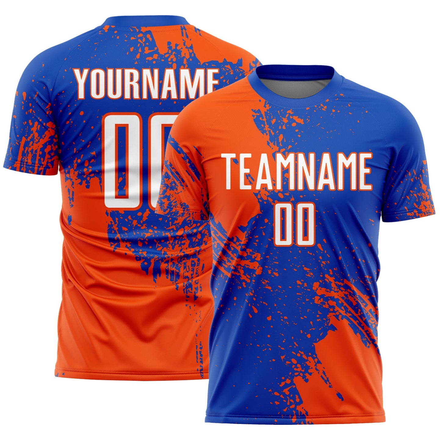 Custom Thunder Blue White-Orange Abstract Brush Stroke Sports Sublimation Soccer Uniform Jersey - Main View