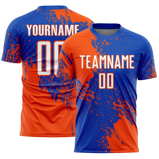 Custom Thunder Blue White-Orange Abstract Brush Stroke Sports Sublimation Soccer Uniform Jersey - Main View