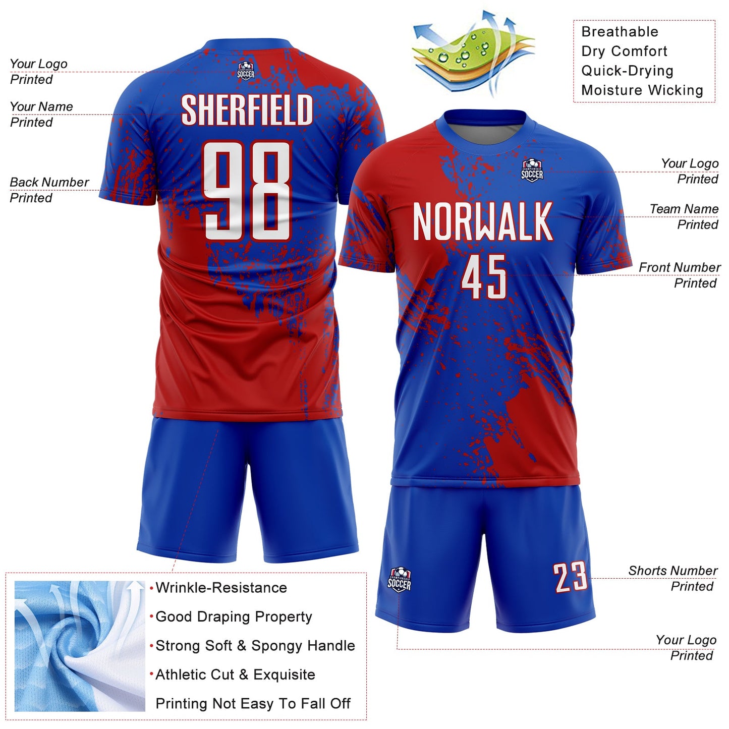 Custom Thunder Blue White-Red Abstract Brush Stroke Sports Sublimation Soccer Uniform Jersey view 4