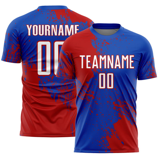 Custom Thunder Blue White-Red Abstract Brush Stroke Sports Sublimation Soccer Uniform Jersey - Main View