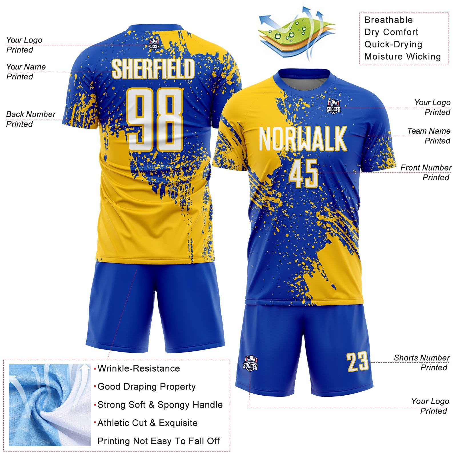 Custom Thunder Blue White-Yellow Abstract Brush Stroke Sports Sublimation Soccer Uniform Jersey view 4